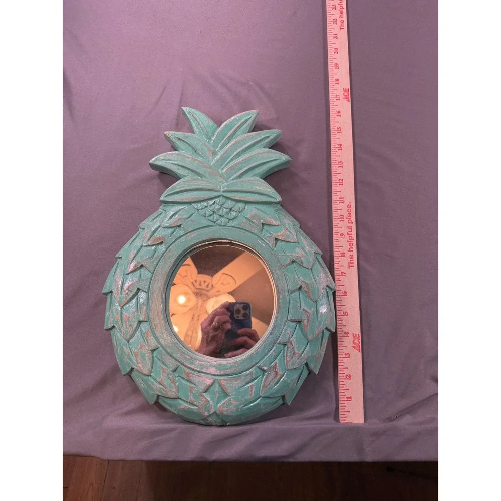 Teal Pineapple Wall Mirror Carved Wood Tropical Coastal Decor Distressed 15.5in